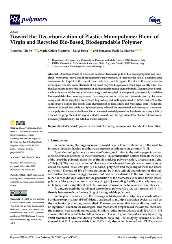(PDF) Toward the Decarbonization of Plastic: Monopolymer Blend of ...