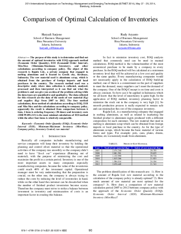 (PDF) Comparison of optimal calculation of inventories