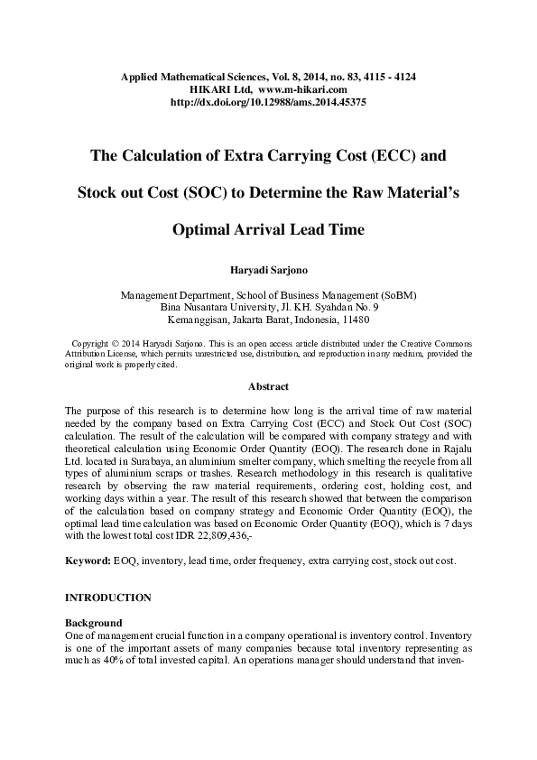 (PDF) The calculation of extra carrying cost (ECC) and stock out cost ...