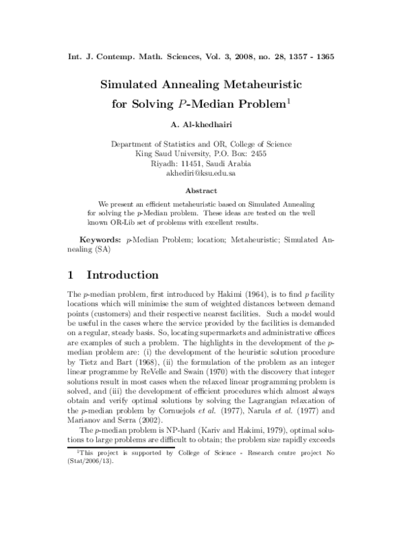 (PDF) Simulated Annealing Metaheuristic for Solving P-Median Problem 1