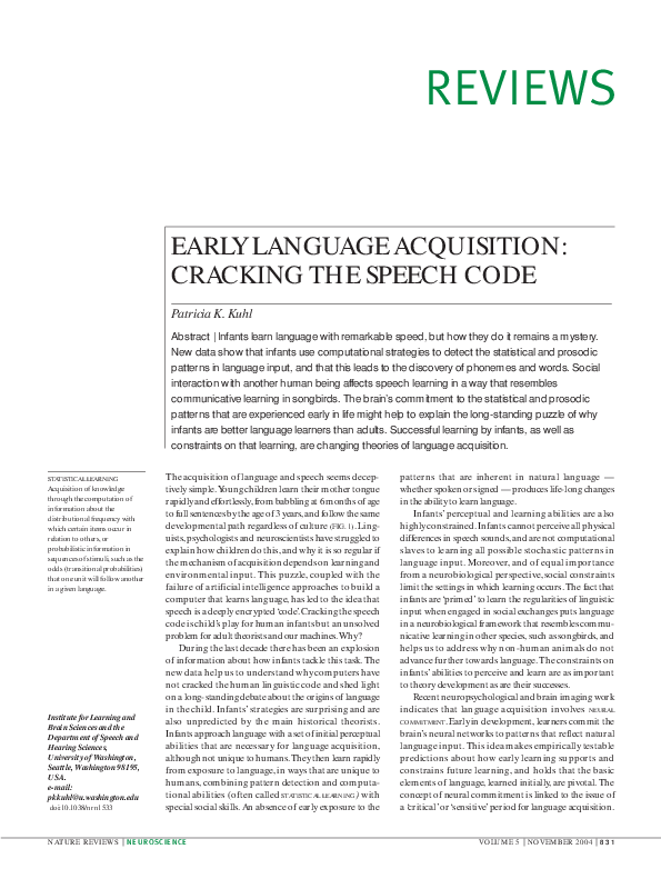 (PDF) Early language acquisition: cracking the speech code