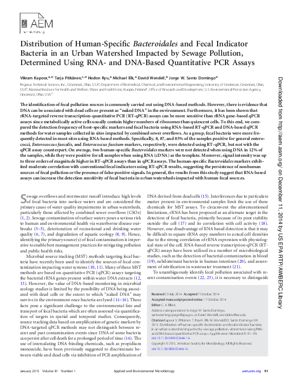 (PDF) Distribution of human-specific bacteroidales and fecal indicator ...
