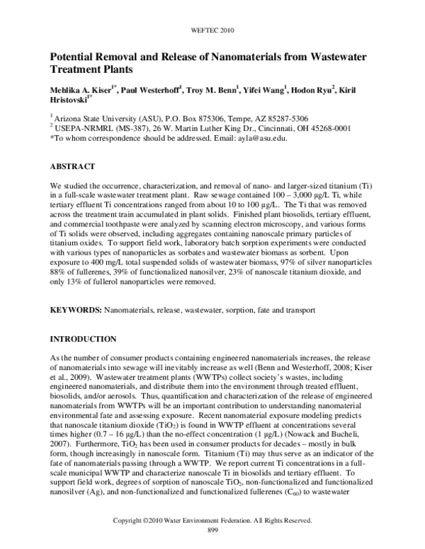 (PDF) Potential Removal and Release of Nanomaterials from Wastewater ...
