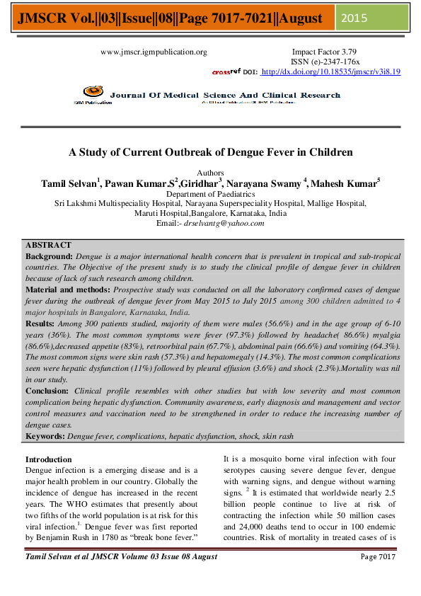 (PDF) A Study of Current Outbreak of Dengue Fever in Children