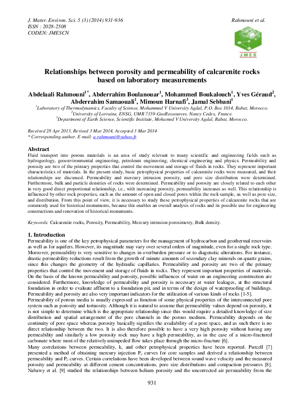 (PDF) Relationships Between Porosity and Permeability for Porous Rocks