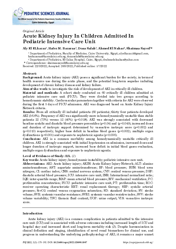 (PDF) Acute Kidney Injury In Children Admitted In Pediatric Intensive ...