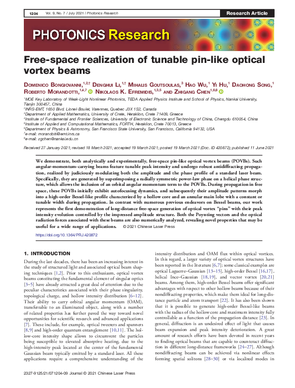 (PDF) Free-space realization of tunable pin-like optical vortex beams