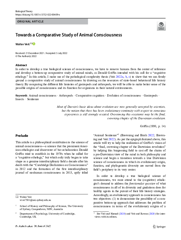 Towards a Comparative Study of Animal Consciousness