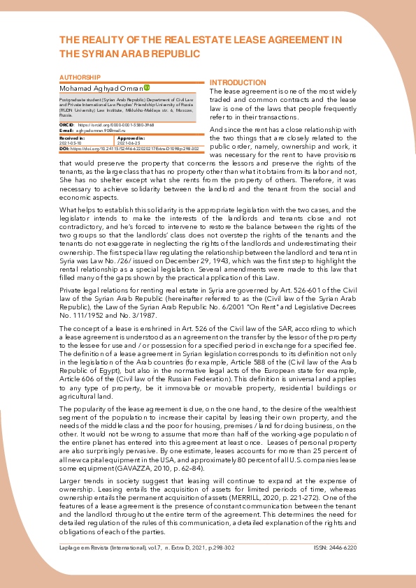 (PDF) The reality of the real estate lease agreement in the Syrian Arab ...