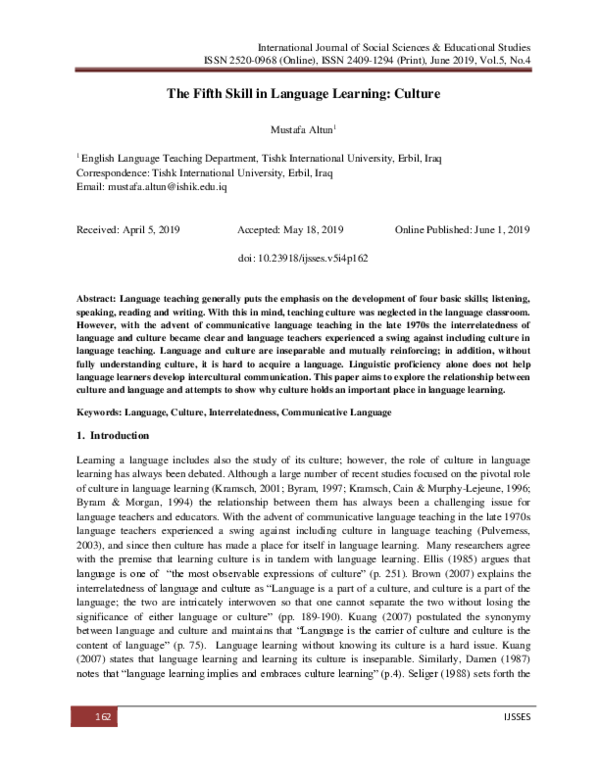 (PDF) The Fifth Skill in Language Learning: Culture