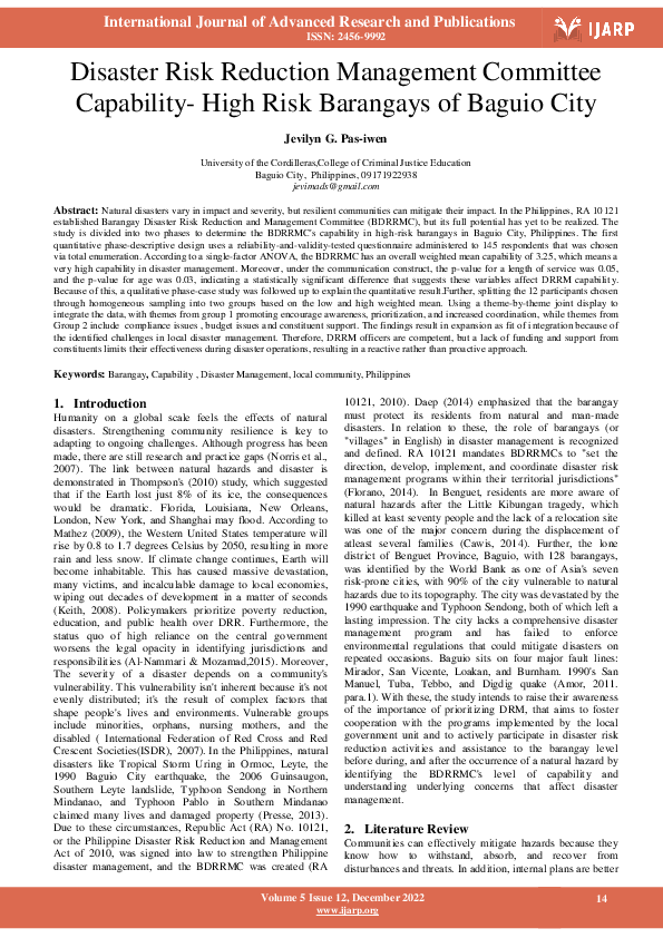 (PDF) Disaster Risk Reduction Management Committee Capability: High ...
