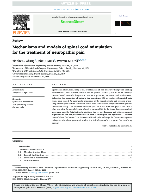 (PDF) Mechanisms and models of spinal cord stimulation for the ...