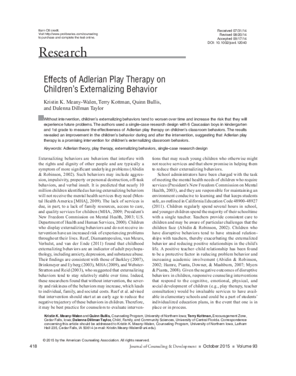 (PDF) Effects of Adlerian Play Therapy on Children's Externalizing Behavior