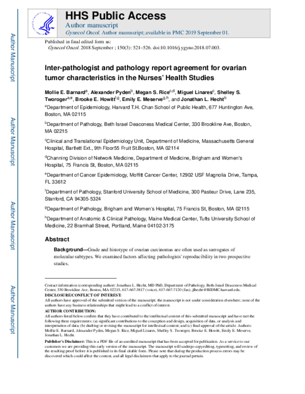 (PDF) Inter-pathologist and pathology report agreement for ovarian ...