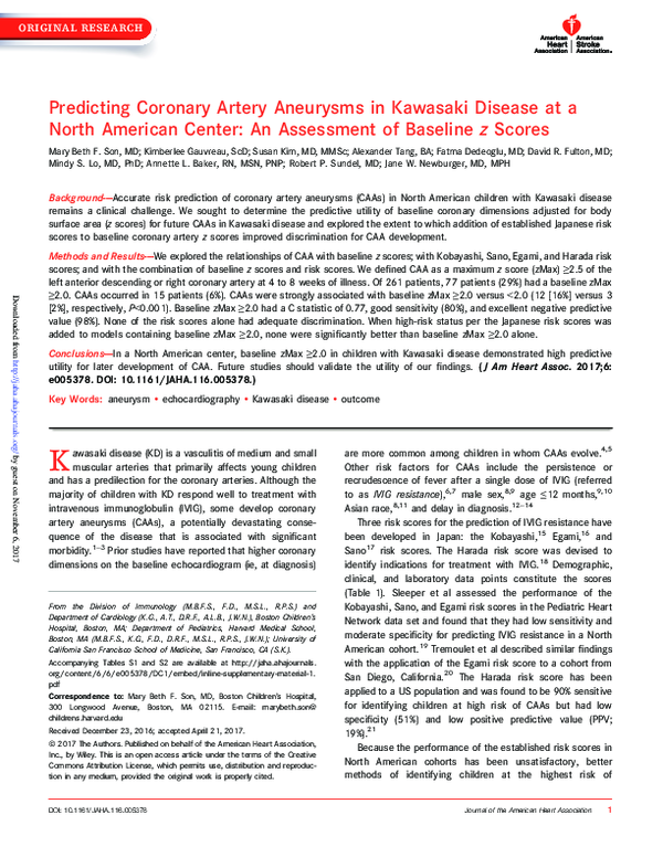 (PDF) Predicting Coronary Artery Aneurysms in Kawasaki Disease at a ...