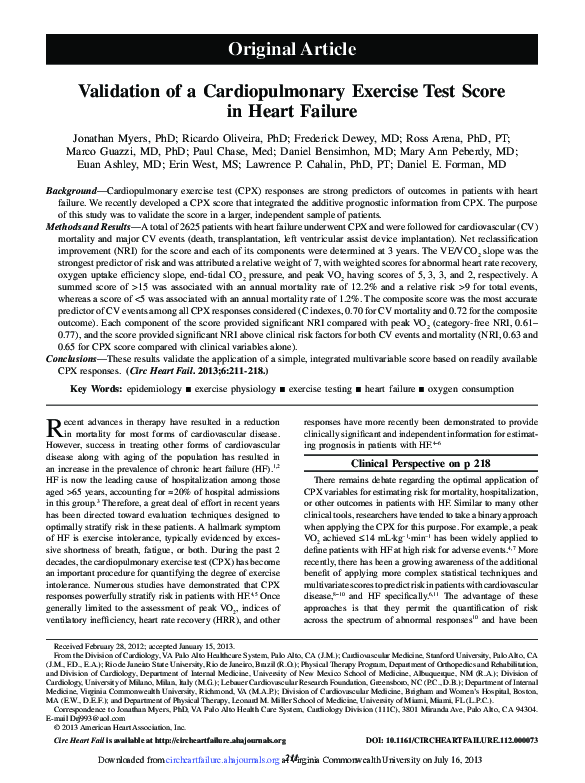 (PDF) Validation of a Cardiopulmonary Exercise Test Score in Heart Failure