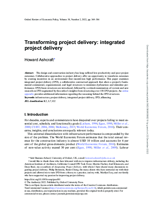 (PDF) Transforming project delivery: integrated project delivery