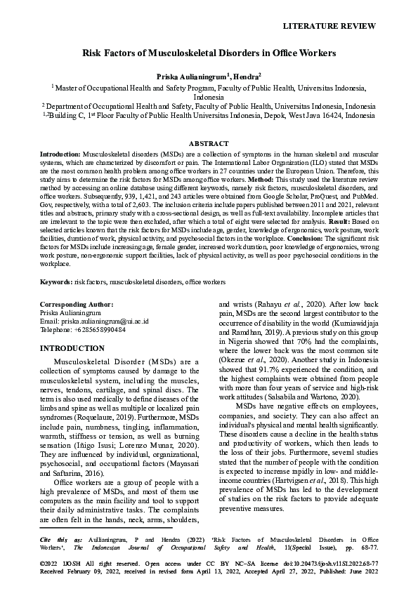 (PDF) Risk Factors of Musculoskeletal Disorders in Office Workers