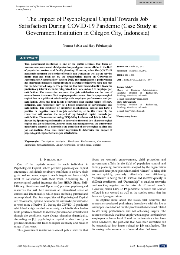 (PDF) The Impact of Psychological Capital Towards Job Satisfaction ...