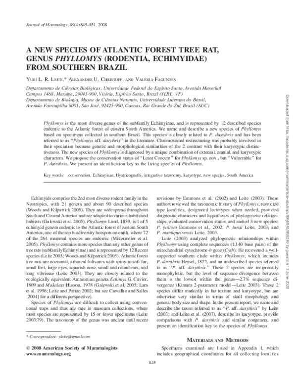 (PDF) A New Species of Atlantic Forest Tree Rat, Genus Phyllomys ...