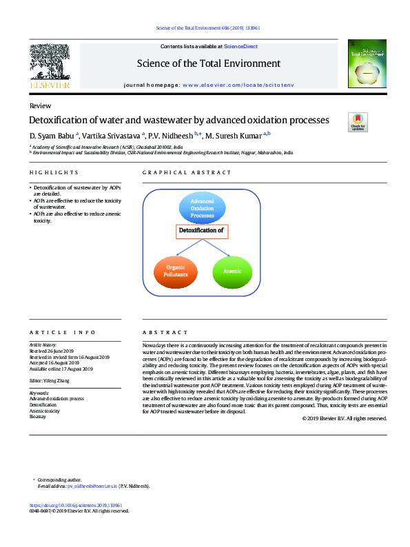 (PDF) Detoxification of water and wastewater by advanced oxidation ...
