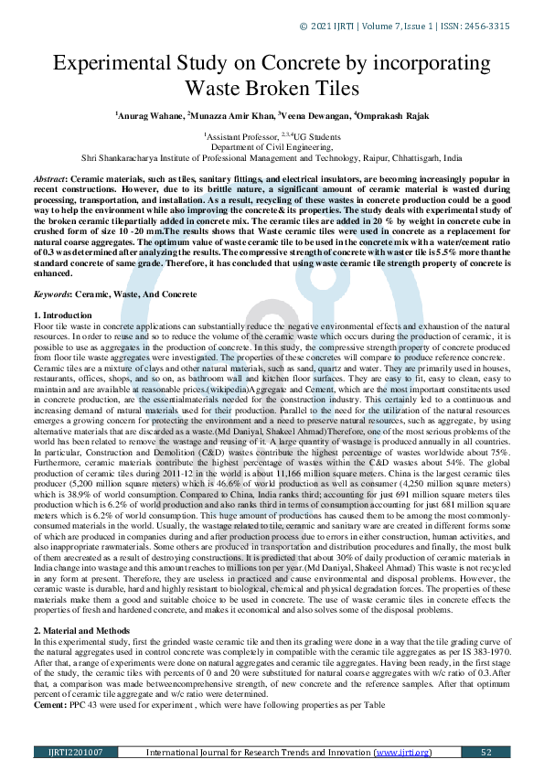 (PDF) Experimental Study on Concrete by incorporating Waste Broken Tiles