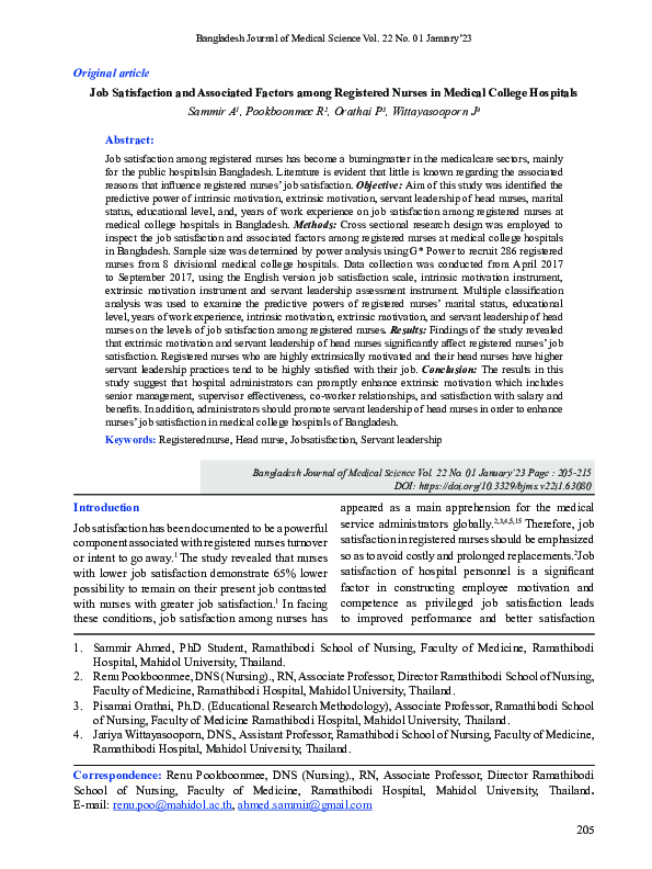 Job Satisfaction and Associated Factors among Registered Nurses in Medical College Hospitals