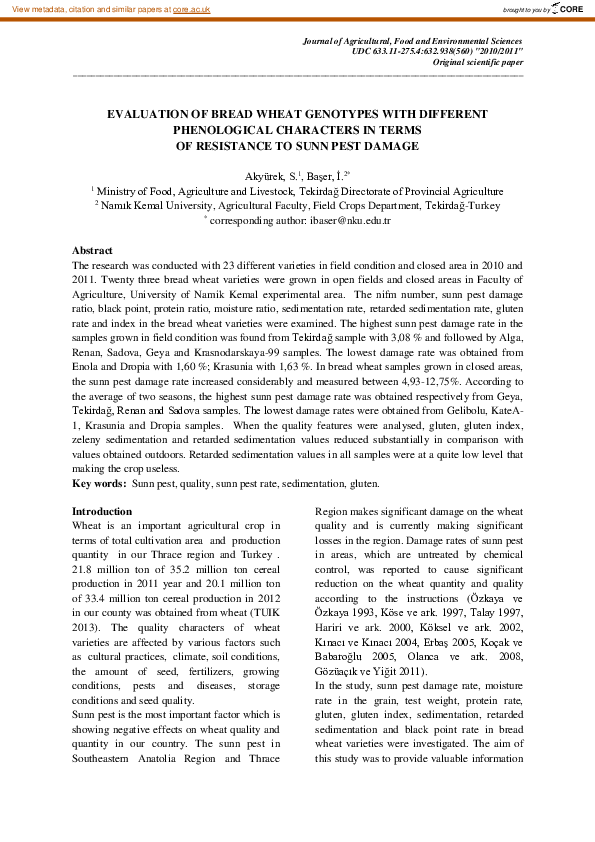 (PDF) Evaluation of Bread Wheat Genotypes with Different Phenological ...