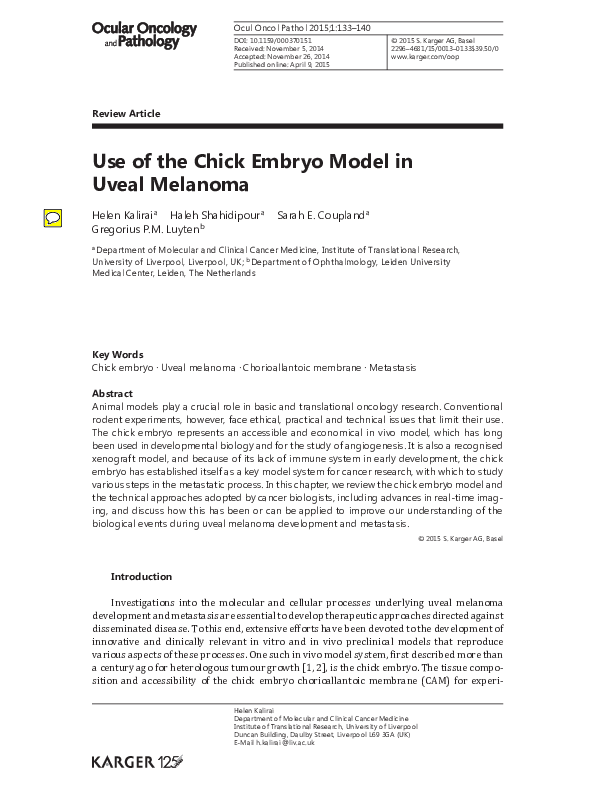 (PDF) Use of the Chick Embryo Model in Uveal Melanoma