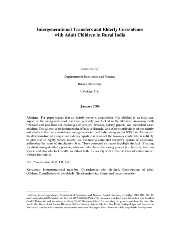 (PDF) Intergenerational Transfers and Elderly Coresidence with Adult ...