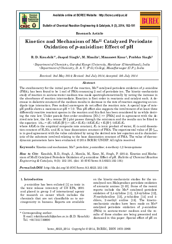 (PDF) Kinetics and Mechanism of Mn(II) Catalyzed Periodate Oxidation of ...