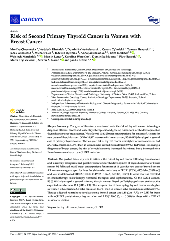 (PDF) Risk of Second Primary Thyroid Cancer in Women with Breast Cancer
