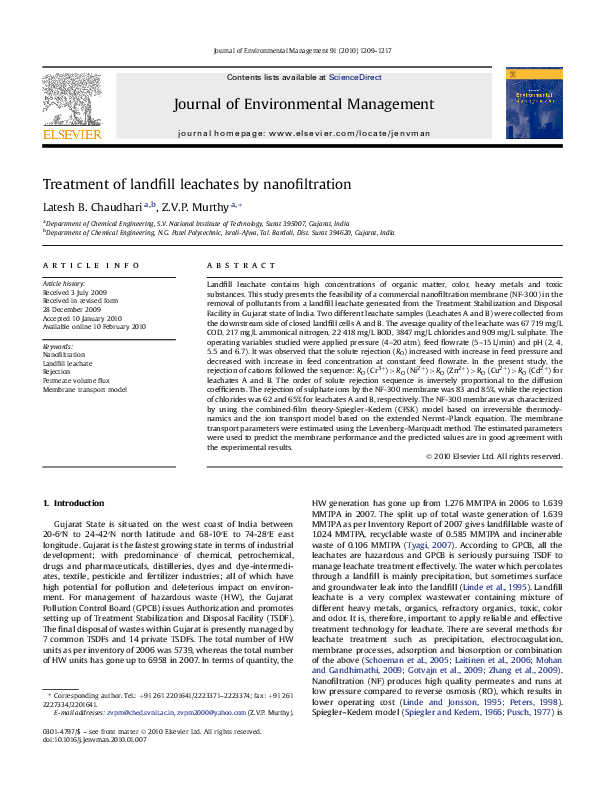 (PDF) Treatment of landfill leachates by nanofiltration