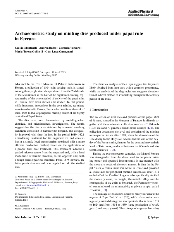 (PDF) Archaeometric study on minting dies produced under papal rule in ...