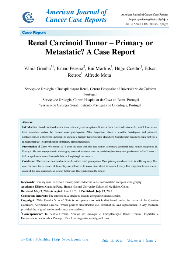 (PDF) Renal Carcinoid Tumor - Primary or Metastatic? A Case Report