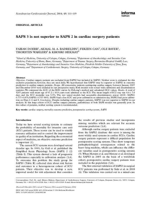 (PDF) SAPS 3 is not superior to SAPS 2 in cardiac surgery patients
