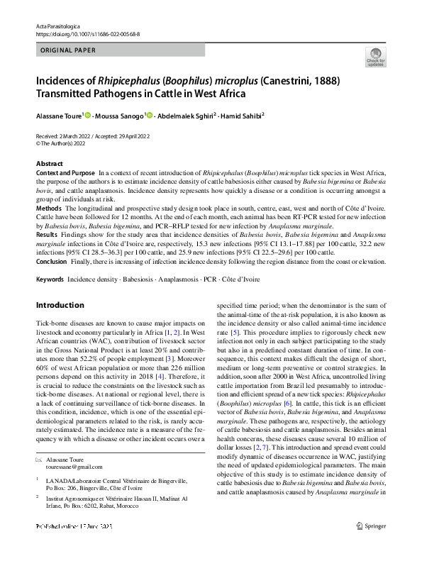 (PDF) Incidences of Rhipicephalus (Boophilus) microplus (Canestrini ...