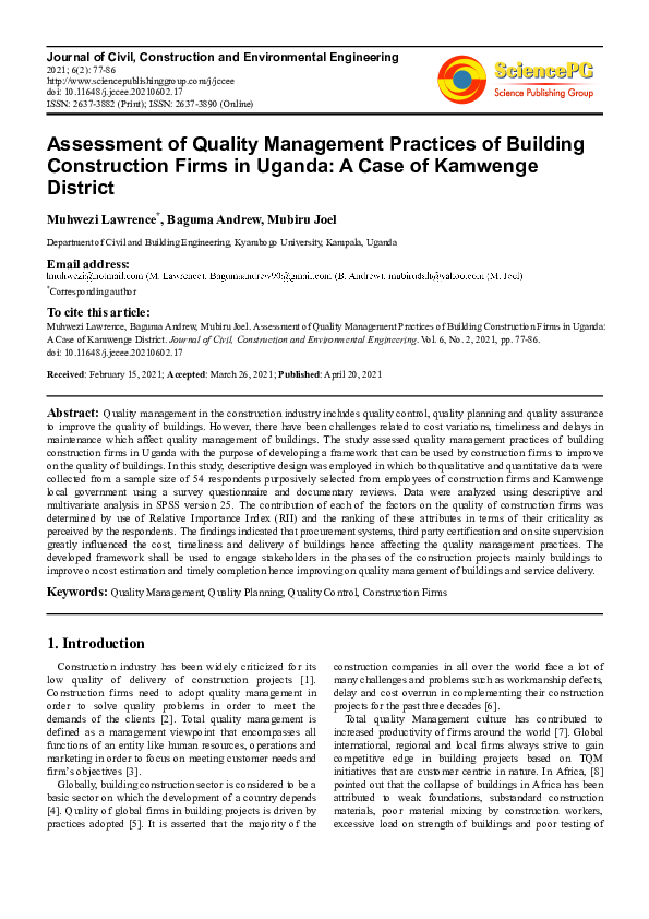 (PDF) Assessment of Quality Management Practices of Building ...