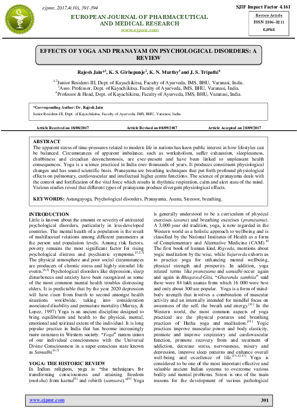 (PDF) Effects of Yoga and Pranayam on Psychological Disorders: A Review