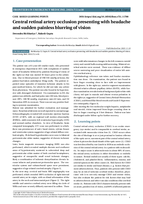 (PDF) Central retinal artery occlusion presenting with headache and ...