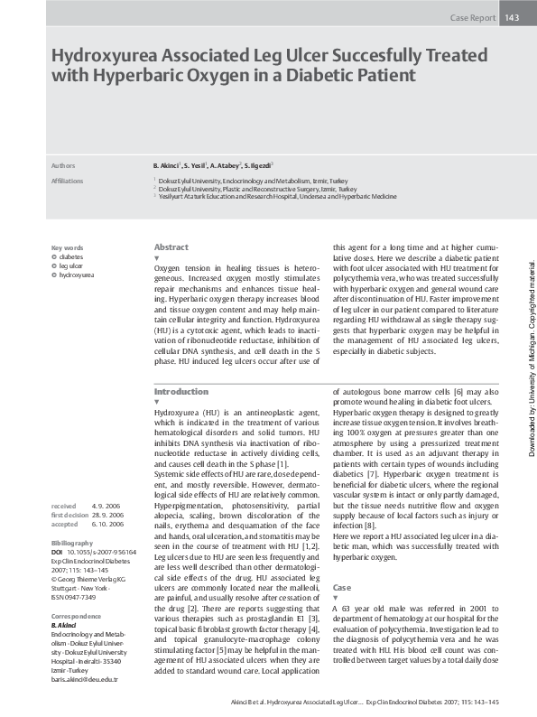 (PDF) Hydroxyurea Associated Leg Ulcer Succesfully Treated with ...
