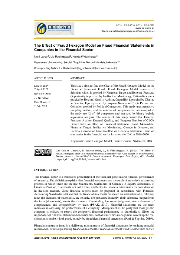 (PDF) The Effect of Fraud Hexagon Model on Fraud Financial Statements ...