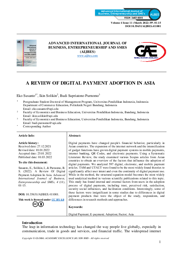 (PDF) A Review of Digital Payment Adoption in Asia