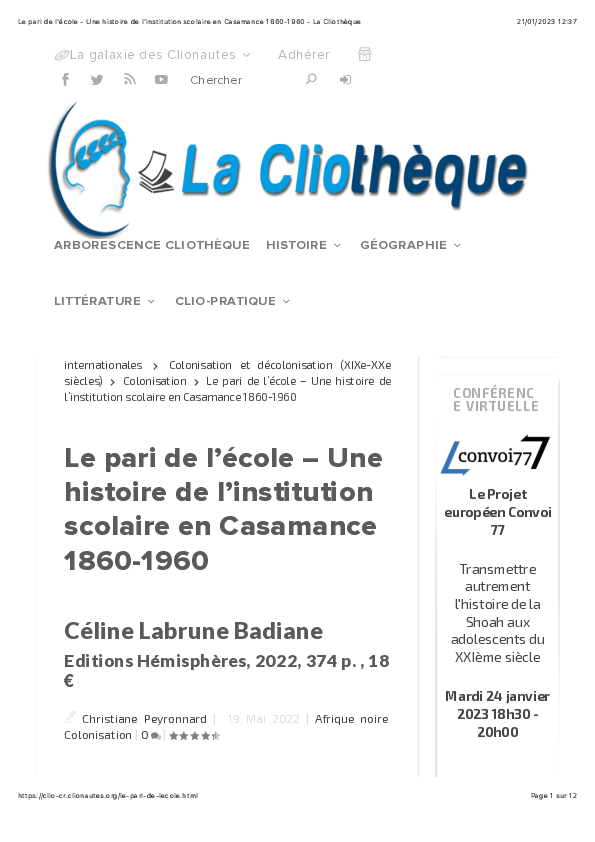 (PDF) Compte rendu: Le pari de l'école Une histoire de l'institution ...