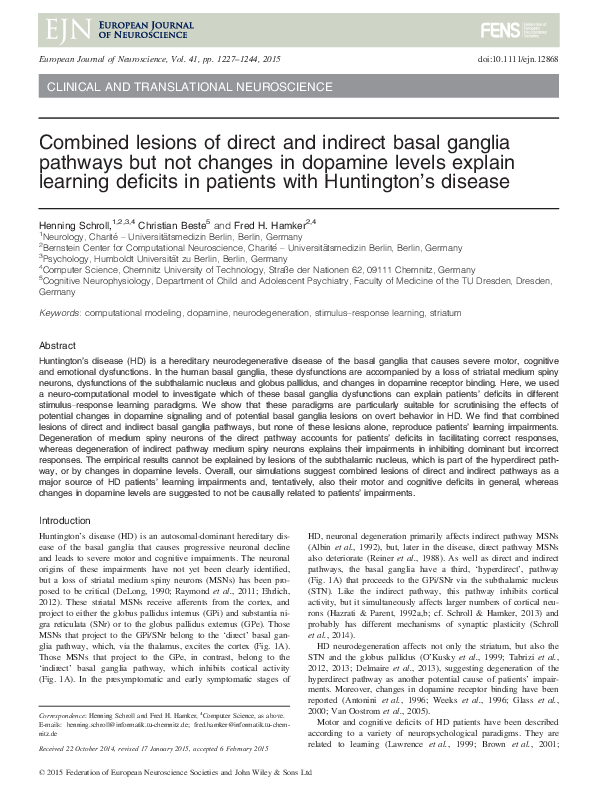 (PDF) Combined lesions of direct and indirect basal ganglia pathways ...