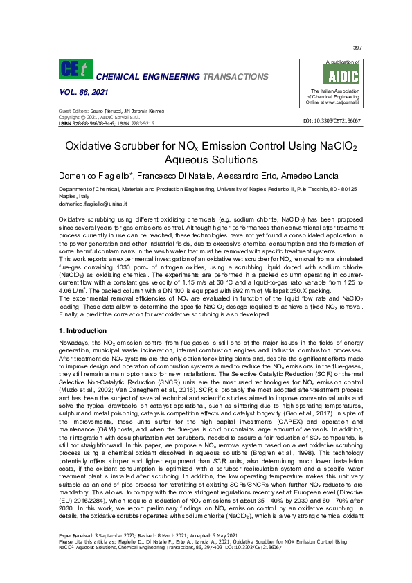 (PDF) Oxidative Scrubber for NOx Emission Control Using NaClO2 Aqueous ...