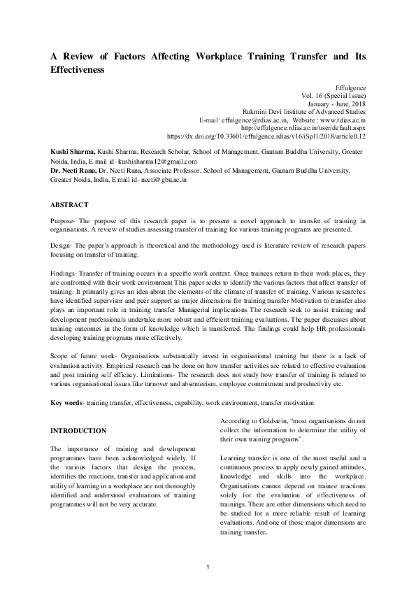 (PDF) A Review of Factors Affecting Workplace Training Transfer and Its ...