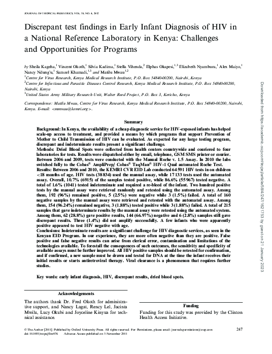 (PDF) Discrepant test findings in Early Infant Diagnosis of HIV in a ...