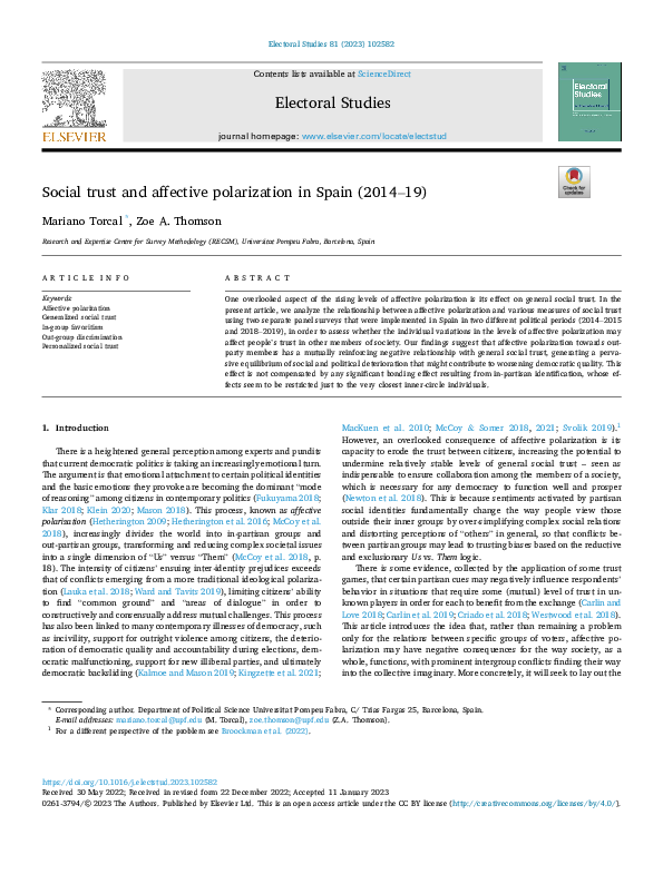 (PDF) Social trust and affective polarization in Spain (2014–19)