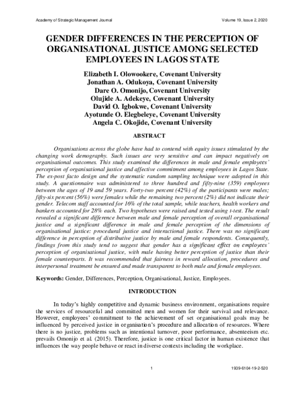 (PDF) Gender Differences in the Perception of Organisational Justice ...